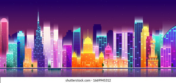 Modern city skyline. Cityscape on a dark background with bright and glowing neon purple and blue lights.