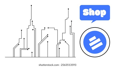 Modern city skyline connected by line circuits on white background with a blue speech bubble containing the word Shop and a round sign symbol. Ideal for smart cities digital commerce online shopping
