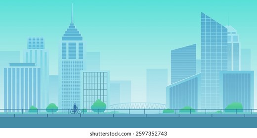 Modern city skyline with contemporary skyscrapers office buildings glass facades green park trees bridge and cyclist urban landscape background illustration