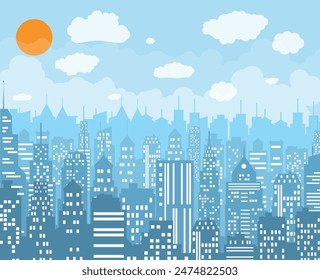 Moderno horizonte de la ciudad durante el día. Urbana paisaje. Silueta azul de la ciudad. Ilustración vectorial en diseño plano. paisaje de la ciudad. Fondos de paisaje urbano.