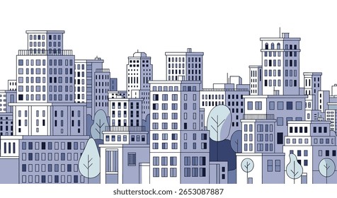 A Modern City Skyline Featuring Numerous Tall Buildings and Minimalist Trees on a Bright Sunny Day