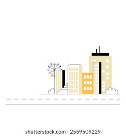 Modern City Skyline With Ferris Wheel And Yellow Skyscrapers In Flat Vector Illustration Symbolizing Urban Architecture And Tourism, Isolated On White Background