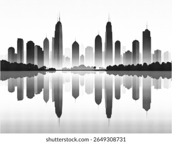 Modern City Skyline Halftone Silhouette with Reflection