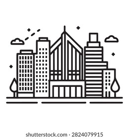 Modern city skyline illustration featuring unique architectural buildings and trees