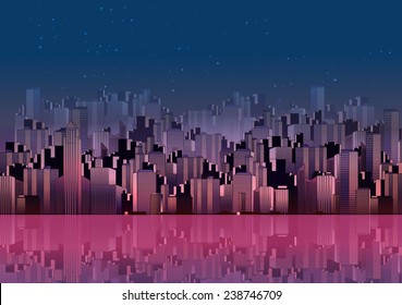Modern City Skyline Landscape at Night with Skyscraper Offices and Reflection in Water - Vector Illustration