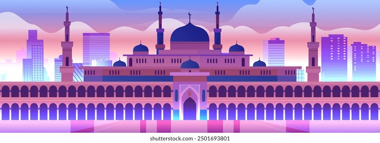 Modern city skyline mosque minarets domes sunset gradient background urban architecture religious building landscape