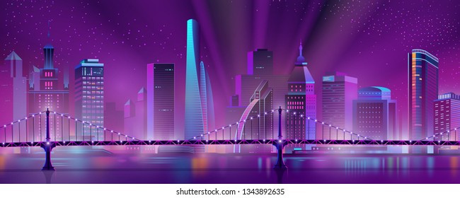 Modern city skyline neon color cartoon vector with illuminated skyscrapers in downtown, suspension bridge over river or bay and projector lights in starry sky illustration. Metropolis night landscape