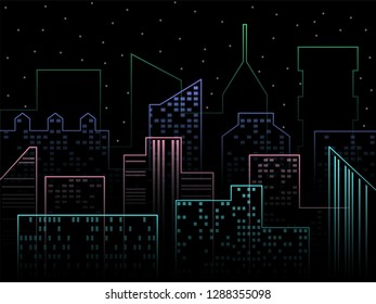 Modern city skyline. Night city vector illustration. Outline urban vector cityscape. Vector cityscape background illustration. Night in modern style. Exterior house. Outdoor architecture background. 