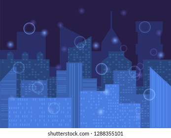 Modern city skyline. Night city vector illustration. Outline urban vector cityscape. Vector cityscape background illustration. Night in modern style. Exterior house. Outdoor architecture background. 