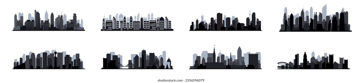 Moderno Skyline de la ciudad sobre fondo transparente. Concepto de negocio inmobiliario. siluetas de construcción horizontal