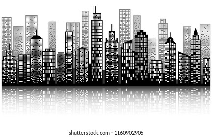 Modern city skyline with shadow, city building silhouette in night time, for flat design. Vector illustration.