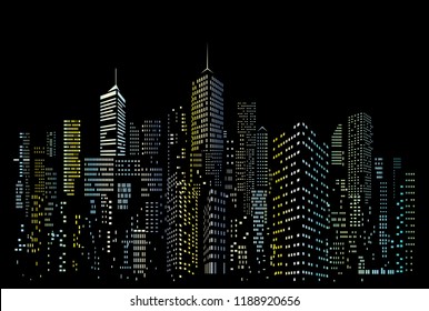 Modern City skyline, city silhouette with blue and yellow windows, vector illustration in flat design