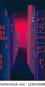 Modern City skyline, city silhouette with red and pink windows, vector illustration in flat design