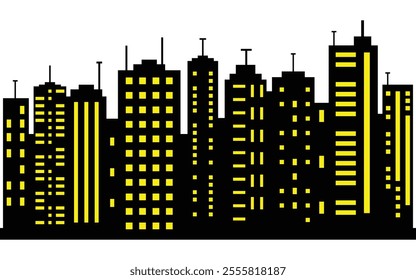 Modern City Skyline Silhouette with Yellow Illuminated Windows on Black Background