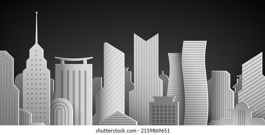 Modern city skyline with skyscrapers, architectural white paper dummy realistic vector background.