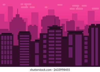 Modern city skyline at sunset in vibrant pink tones, featuring urban buildings in flat vector style. Perfect for travel posters, real estate backgrounds, and city-themed projects.