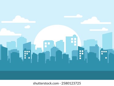 Modern city skyline with tall buildings at sunrise or sunset. Urban landscape in flat design with blue color scheme.