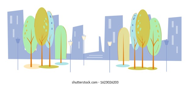 Modern city skyline with trees and skyscrapers, flat vector illustration isolated on white background. Urban summer or spring landscape horizontal banner. Town buildings and park backdrop.