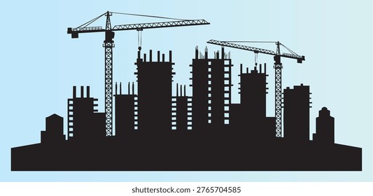 Modern city skyline under construction with cranes building skyscrapers and highrise structures