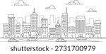 Modern city skyline vector illustration, urban landscape with buildings and cars in linear flat design, black and white sketch style.