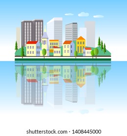 Modern City Skyline Vector illustration.
Reflection of the city in the water of the sea or river. City landscape. Modern city, colorful buildings, cloudy sky, panoramic view. Vector.
