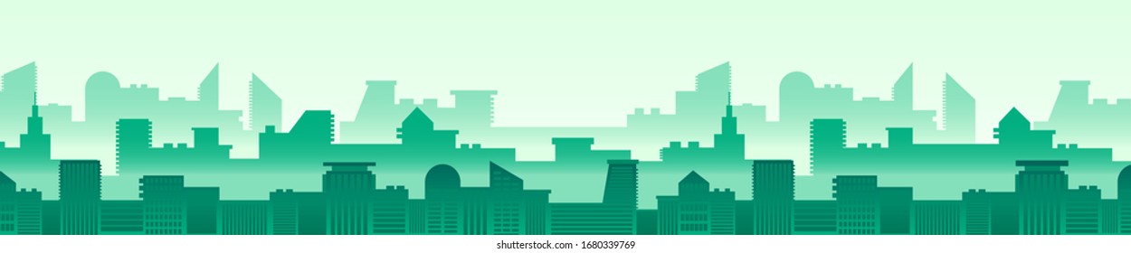 Modern city skyline vector illustration. Green urban panorama with skyscrapers horizontal background