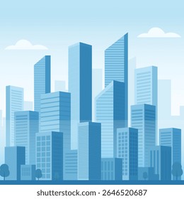 Modern City Skyline Vector Illustration. Urban Landscape with Skyscrapers. Buildings and Street View in Monochrome Blue

