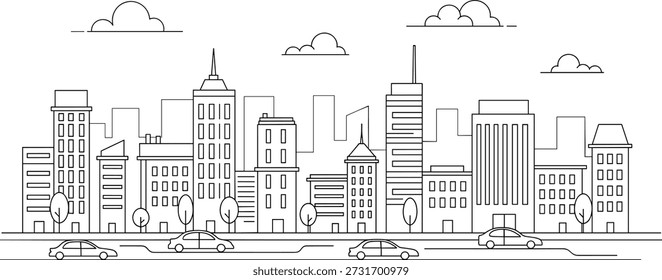 Ilustración vectorial moderna del horizonte de la ciudad, paisaje urbano con edificios y coches en diseño plano lineal, estilo del bosquejo blanco y negro.