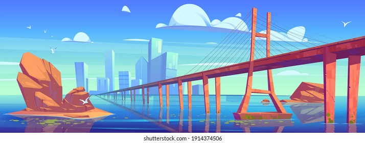 Modern city skyline view with low-water bridge, metropolis cityscape with skyscraper buildings architecture, glass towers under cloudy sky, town at ocean or sea coastline, cartoon vector illustration