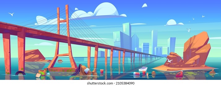 Modern city skyline view with low-water bridge and polluted ocean water with floating plastic garbage, Ecology contamination, cityscape with skyscraper buildings and trash, Cartoon vector illustration