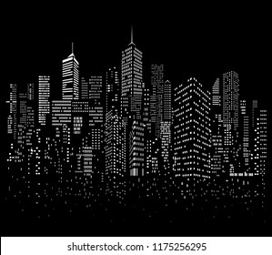 Modern City skyline, city windows silhouette with reflection, vector illustration 