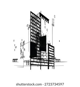 Edificio moderno del rascacielos de la ciudad con la fachada de la cuadrícula y el paisaje urbano