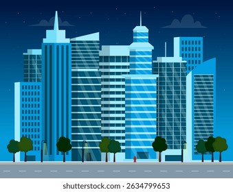 	
Modern city with skyscraper buildings in flat style. Urban cityscape landscape at night. Vector stock
