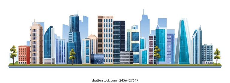 Ciudad moderna con rascacielos edificios Ilustración vectorial. Paisaje urbano aislado sobre fondo blanco