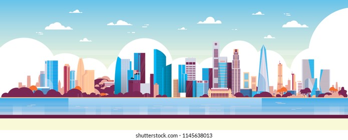 modern city skyscraper panorama view cityscape background skyline flat horizontal banner vector illustration