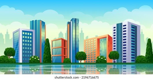 Modern city skyscraper with Reflections in water, bright colorful downtown buildings, office, apartment vector illustrations