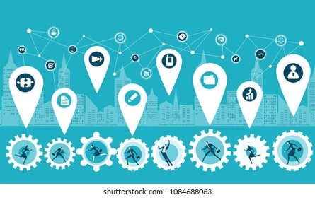 Modern city with skyscrapers and cogs rotated by business people on the way to success and business developing. 