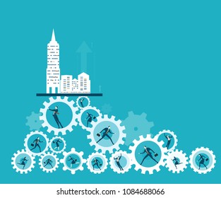Modern city with skyscrapers and cogs rotated by business people on the way to success and business developing. 