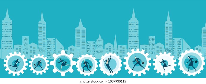 Modern city with skyscrapers and cogs rotated by business people on the way to success and business developing. 