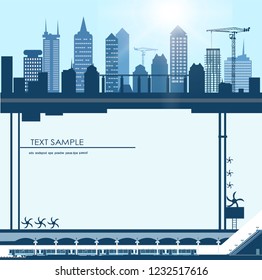 Modern City with skyscrapers, cranes and underground tube station with platform and carriages