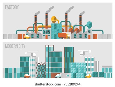 A modern city of skyscrapers. Large-scale production. Polluting production.