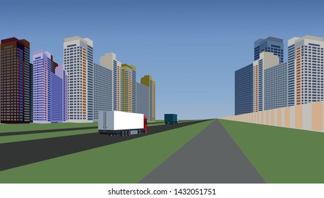 Modern city, skyscrapers near the road. Green is a modern city for healthy people.