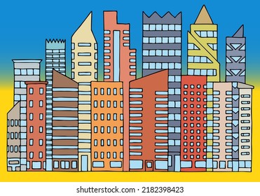 Modern city with skyscrapers on the background of the flag of Ukraine. Post-war reconstruction of Ukraine.