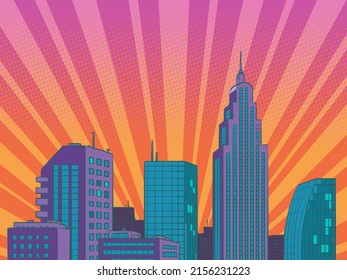 Modern city skyscrapers panorama of tall buildings, urban background. Pop art retro vector illustration comic caricature 50s 60s style vintage kitsch