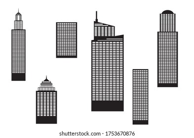 Modern city skyscrapers silhouettes in black and white illustration.