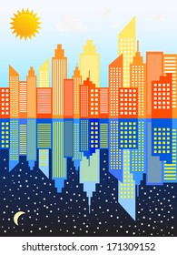 Modern City Skyscrapers Skyline Day And Night