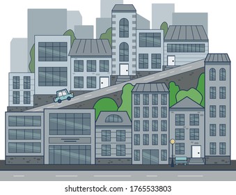 Modern city with skyscrapers, trees and a road.