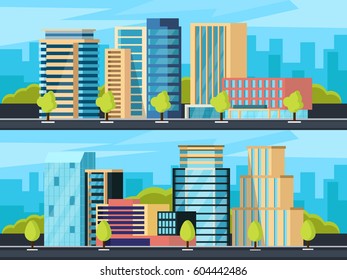 A modern city with skyscrapers. Urban buildings near the road, street landscape. Vector illustration