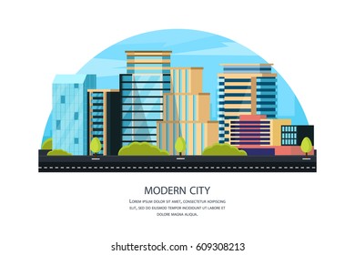 A modern city with skyscrapers. Urban buildings near the road, street landscape. Vector illustration