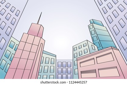 Modern city with skyscrapers. View from below. Inclined perspective. Original hand drawn illustration.